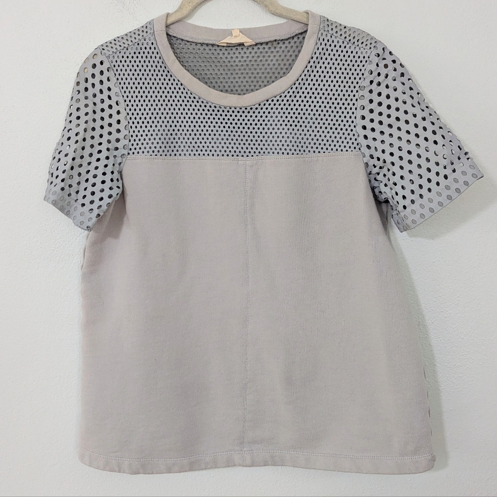 Rebecca Taylor Lamb Leather Knit Mixed Media Perforated T Shirt Gray 4